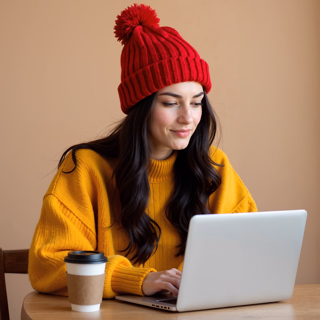 Woman in vibrant yellow sweater and red beanie, focused on her laptop, exuding warmth and productivity.