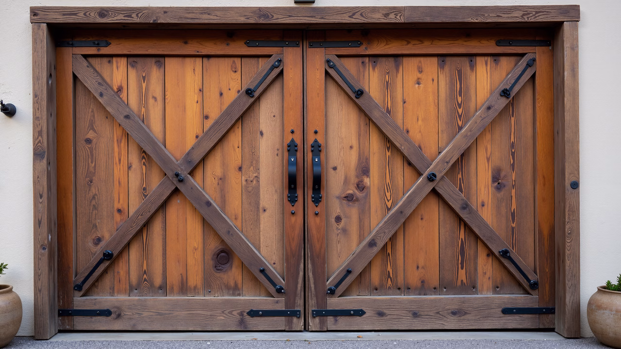 Rustic wooden barn doors with X-bracing and metal hardware.