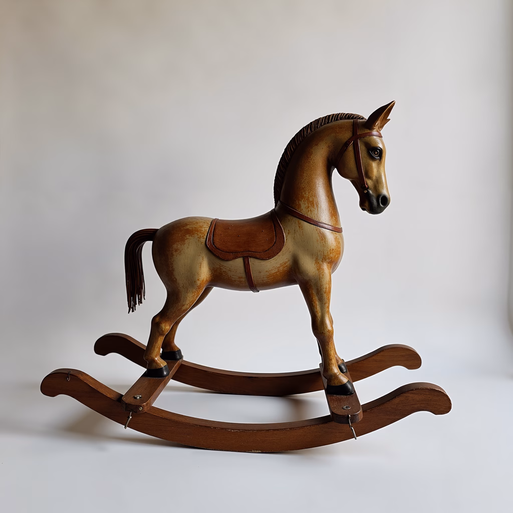 Vintage wooden rocking horse with warm tones and nostalgic charm.