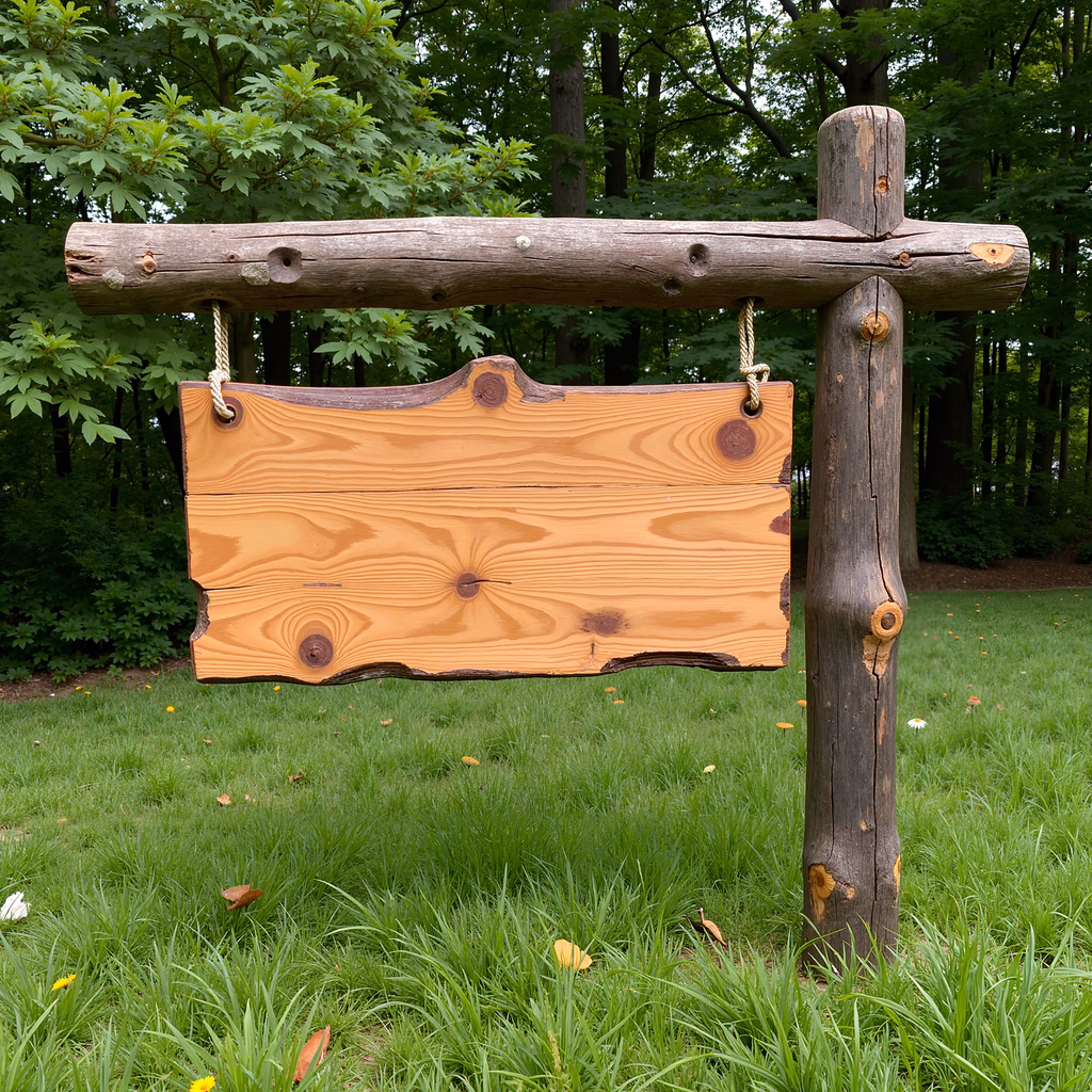 Rustic wooden signpost in a lush green forest setting.