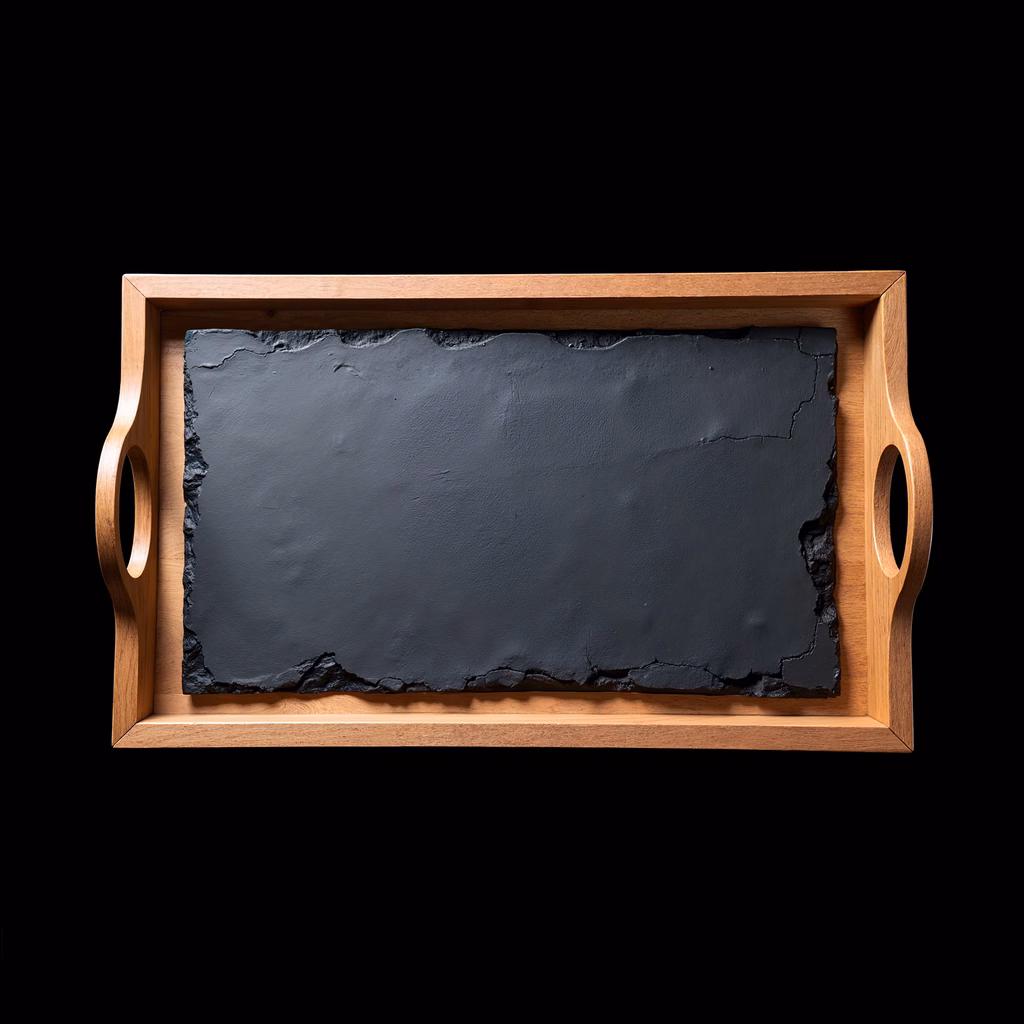 Minimalistic wooden tray with slate surface on black background.