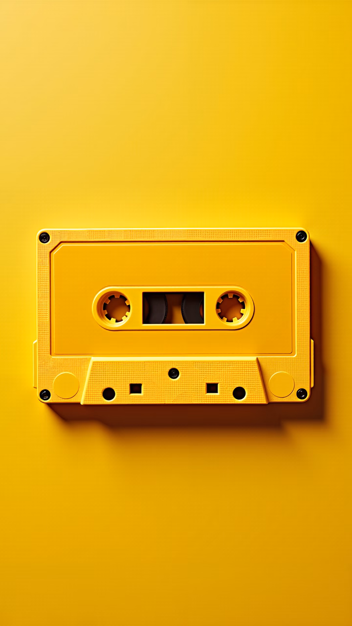 Vibrant yellow cassette tape on a matching background, evoking retro nostalgia.