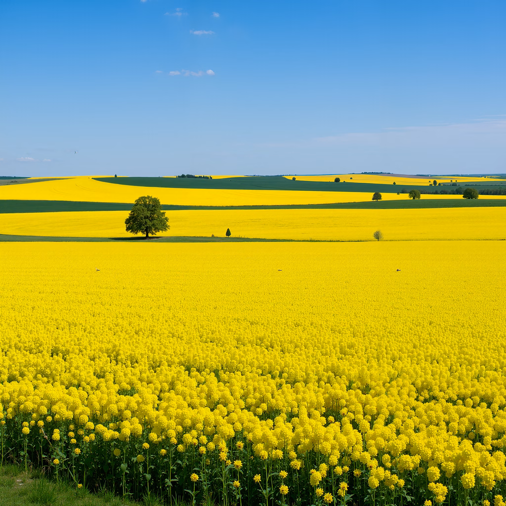 Vibrant yellow flower fields under a clear blue sky, serene and expansive.
