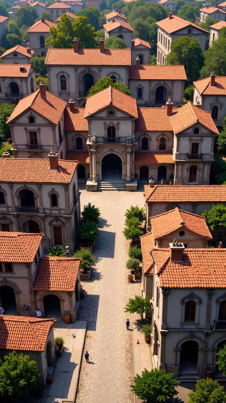 Victorian-era architecture captured from above, featuring symmetrical facades and red-tiled roofs.