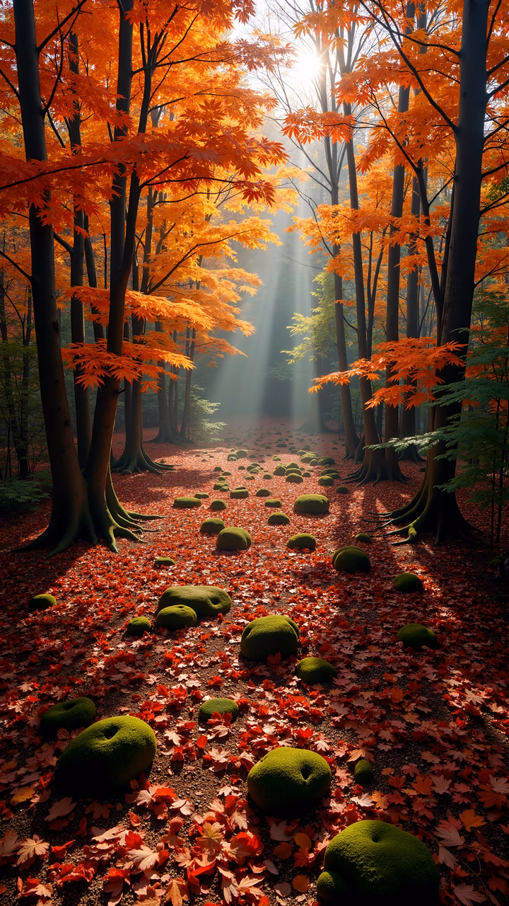 A tranquil autumn forest scene with vibrant foliage and dappled sunlight.