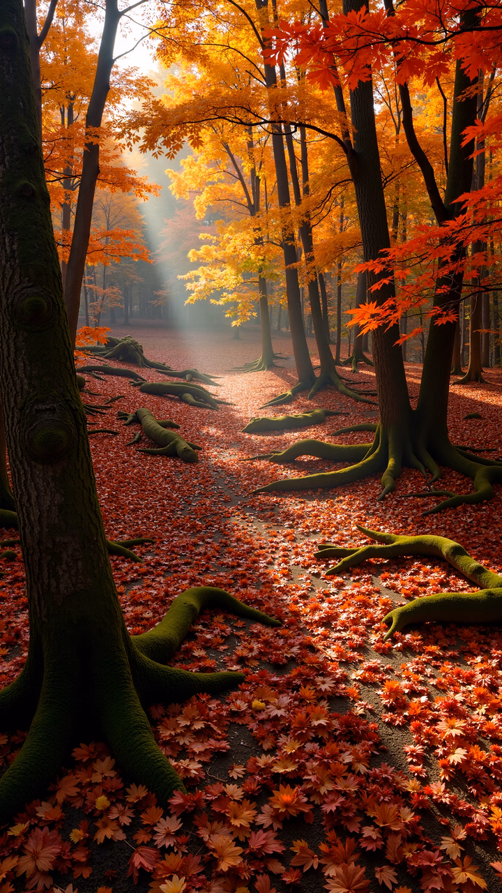 A peaceful autumn forest scene with vibrant colors and dappled sunlight.