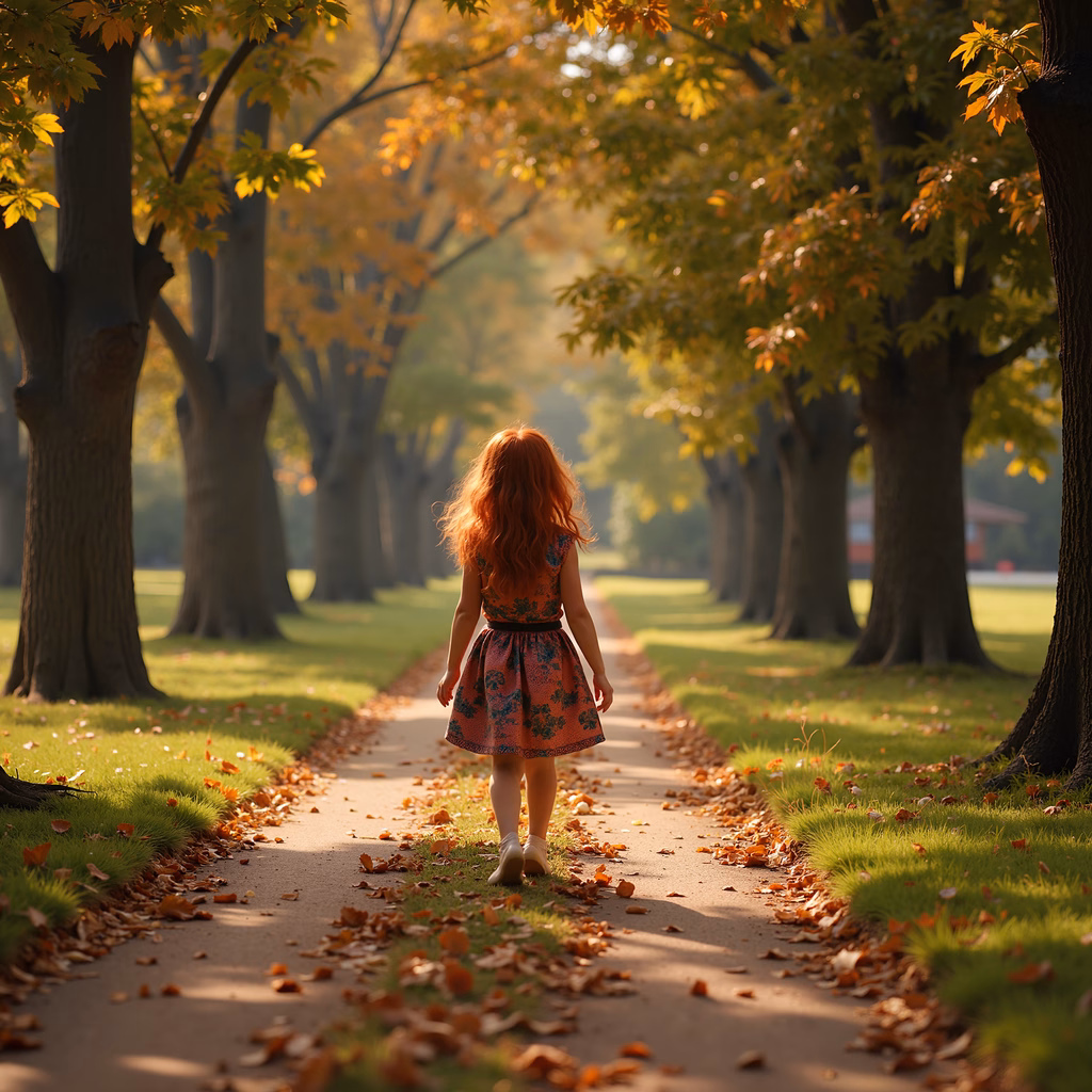 A girl walking down a sunlit path surrounded by autumn foliage.