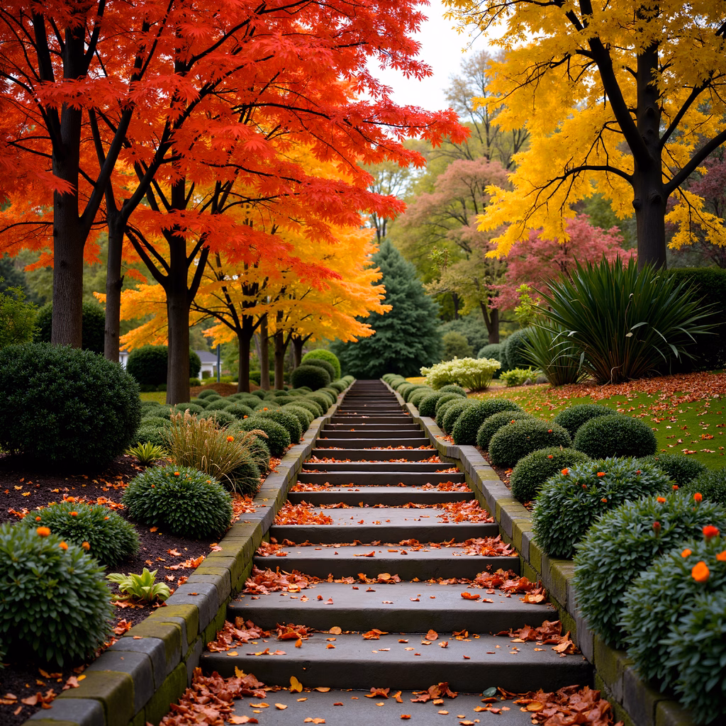 Autumnal pathway with colorful foliage and well-maintained shrubs.