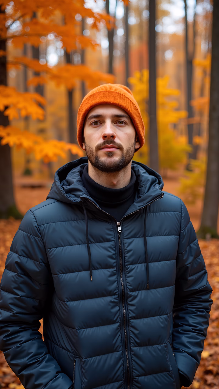 Man in autumn forest, wearing a dark blue puffer jacket and an orange beanie, surrounded by golden leaves.
