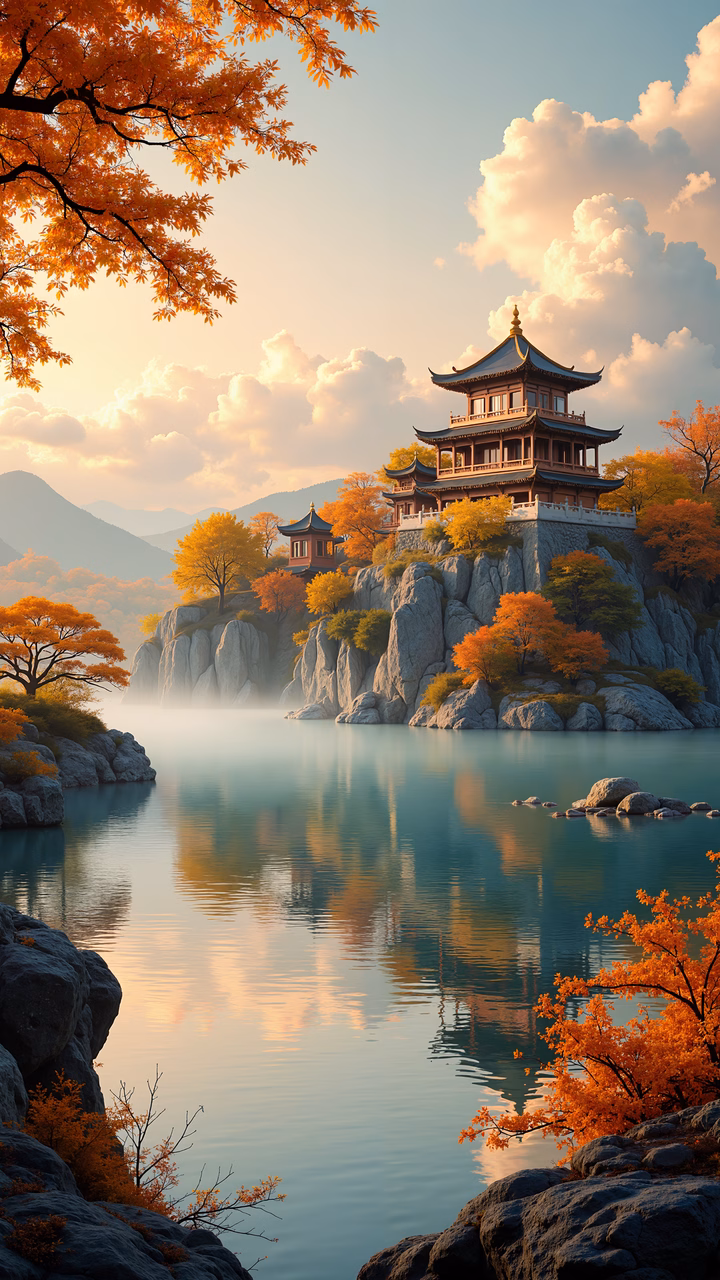 A tranquil autumn landscape featuring a pagoda and a reflective lake under a soft sky.