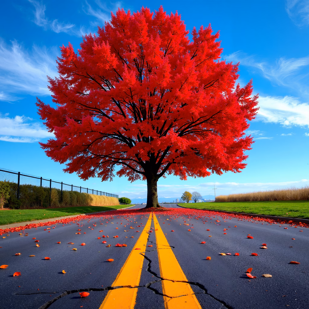 A solitary autumn tree with red leaves stands beside a road with yellow lines, set against a blue sky.