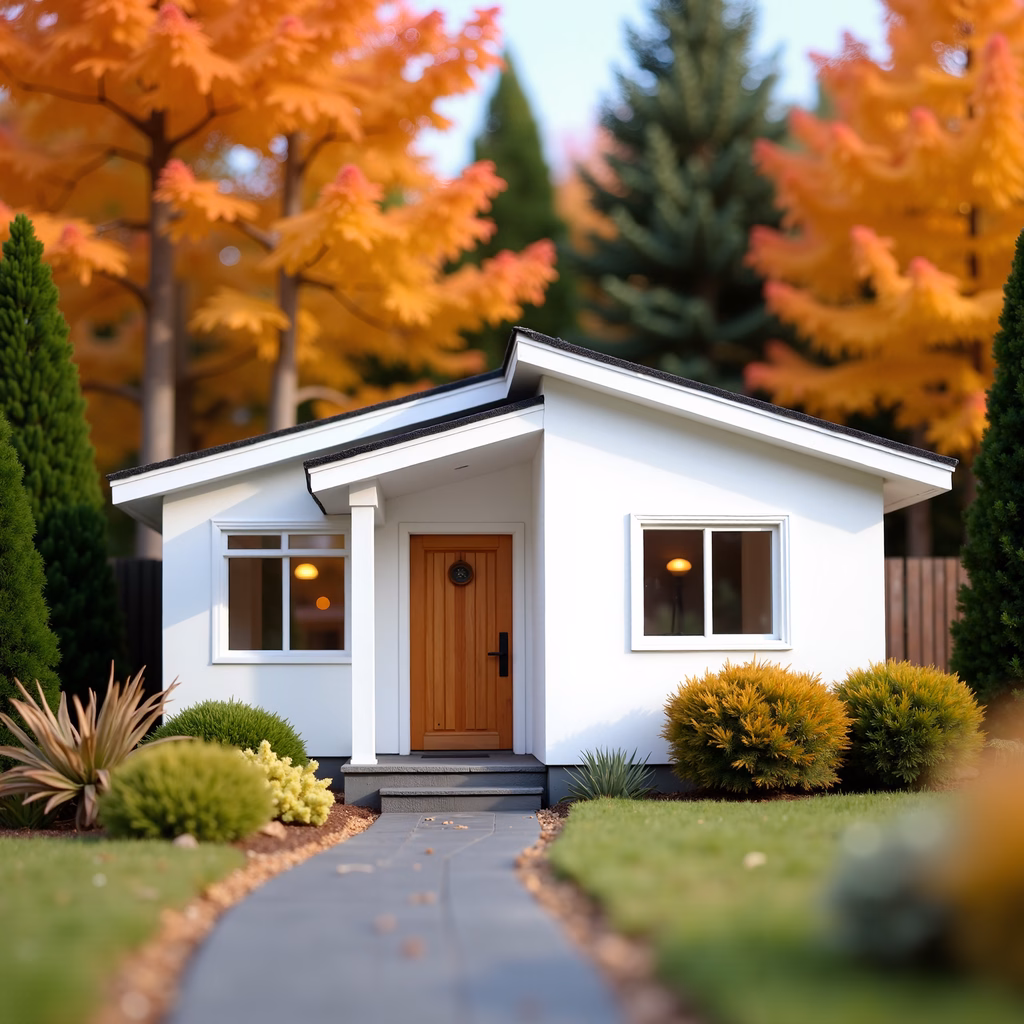 A cozy cottage surrounded by autumn foliage, exuding tranquility and warmth.