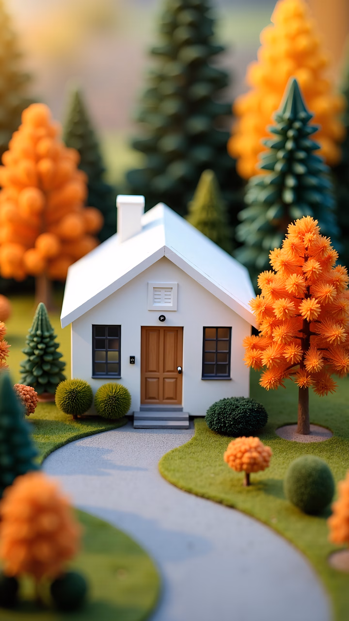A charming miniature house surrounded by autumn colors in a tranquil landscape.