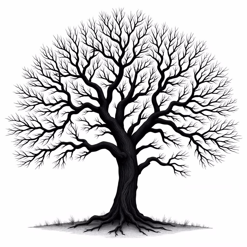 Detailed black-and-white illustration of a bare tree with intricate branches and textured trunk.