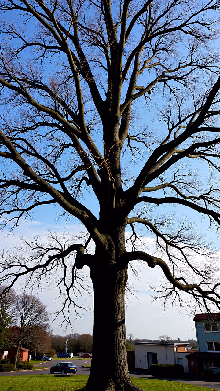 Silhouette of a bare tree against a clear blue sky, suburban backdrop.