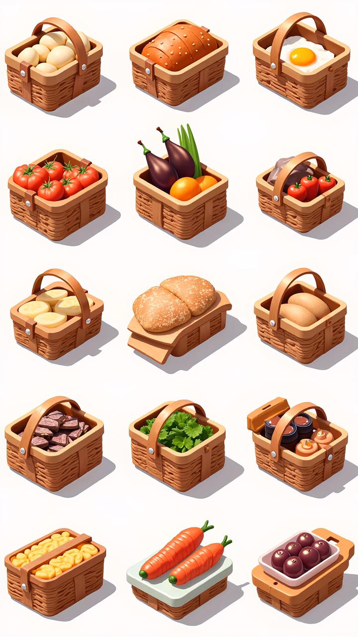 A collection of baskets filled with fresh food items in a clean and organized illustration.