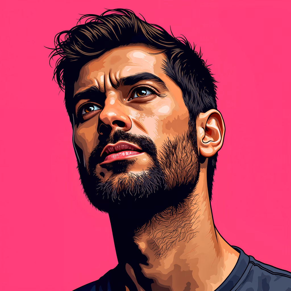 Vibrant portrait of a bearded man against a pink background, emphasizing introspection and individuality.