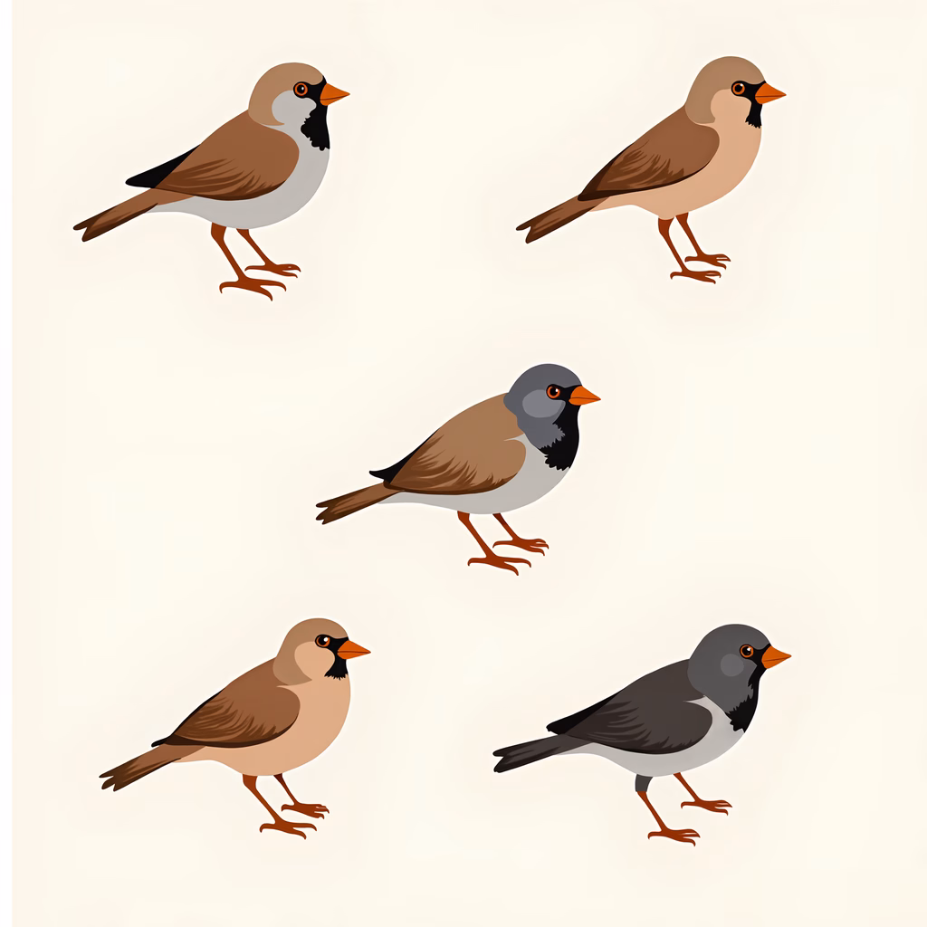 Five birds with varied colors in a clean illustration style.