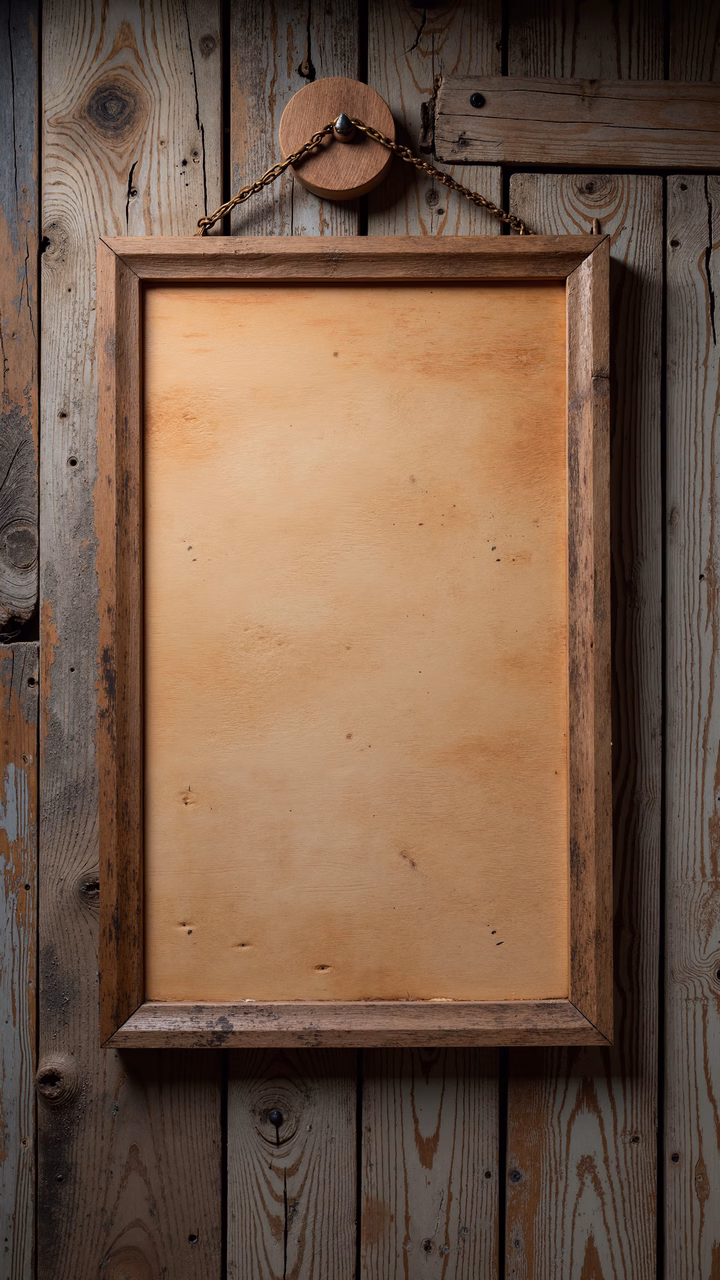 Blank wooden frame hanging on a rustic wooden wall, minimalist and nostalgic.