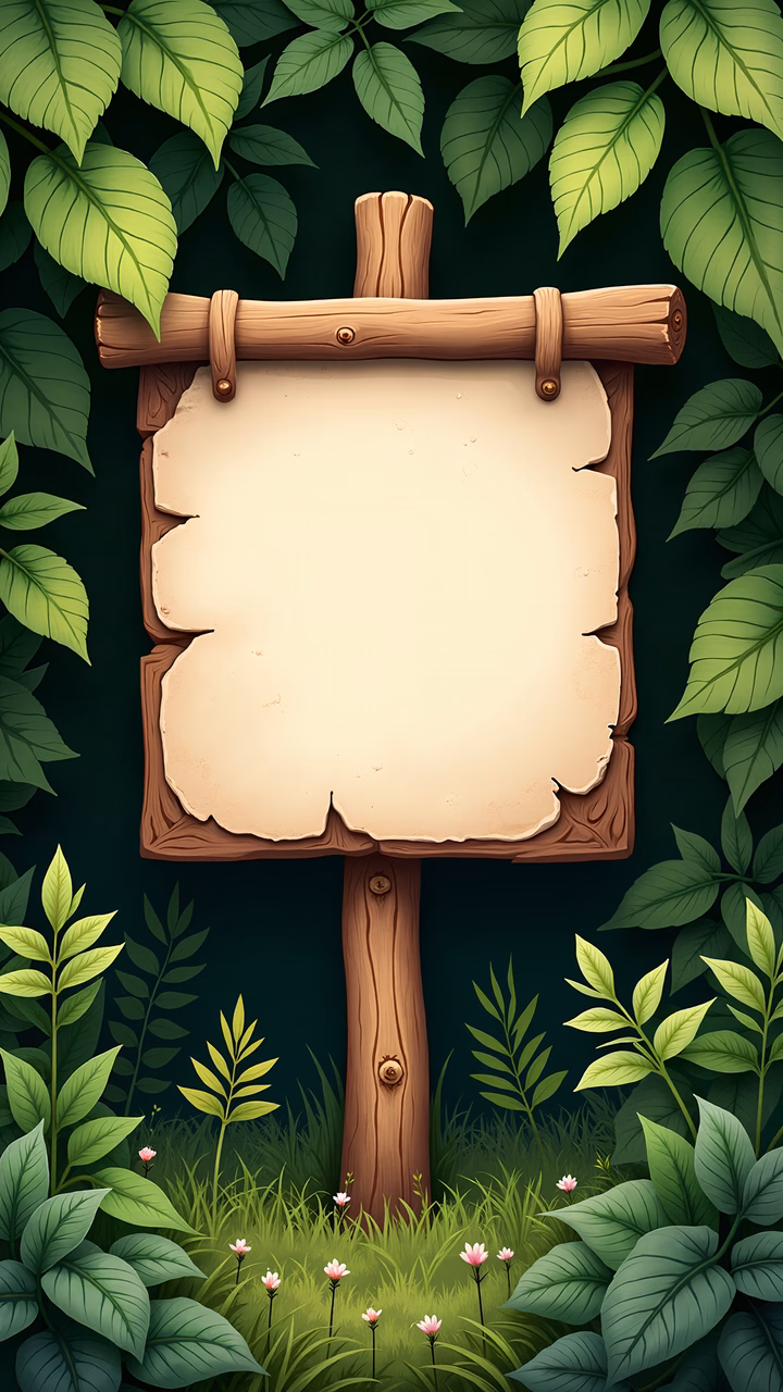 A rustic wooden sign surrounded by a tranquil forest setting.