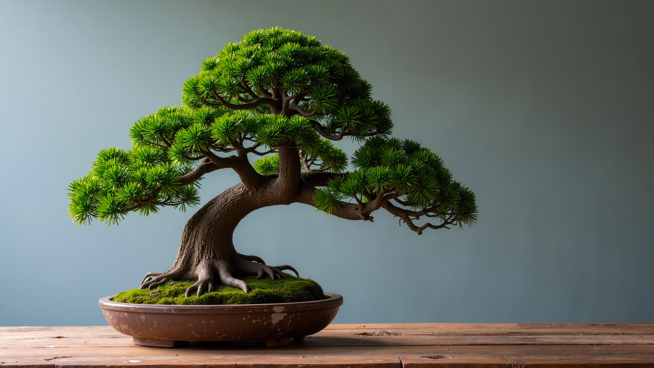 Detailed bonsai tree illustration, serene and natural