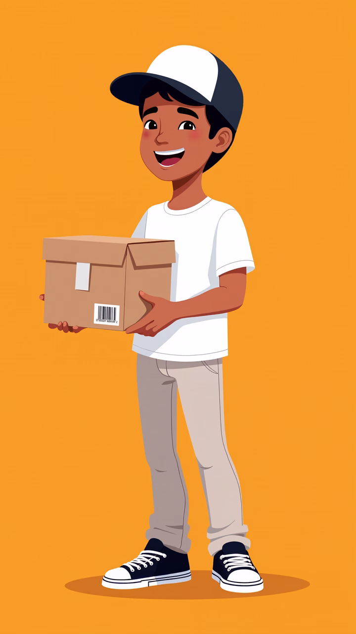 A boy holding a package, ready for delivery, in a bright and cheerful illustration.