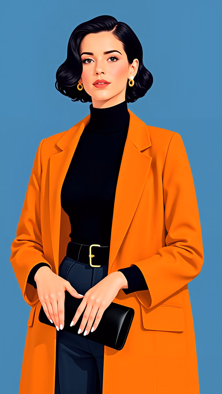 Elegant woman in bright orange coat and black attire on a blue background.