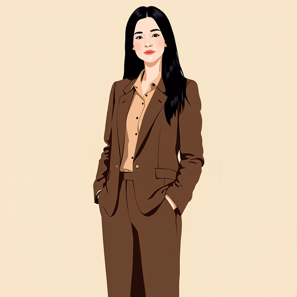 Elegant businesswoman in a sophisticated brown suit against a soft beige backdrop.
