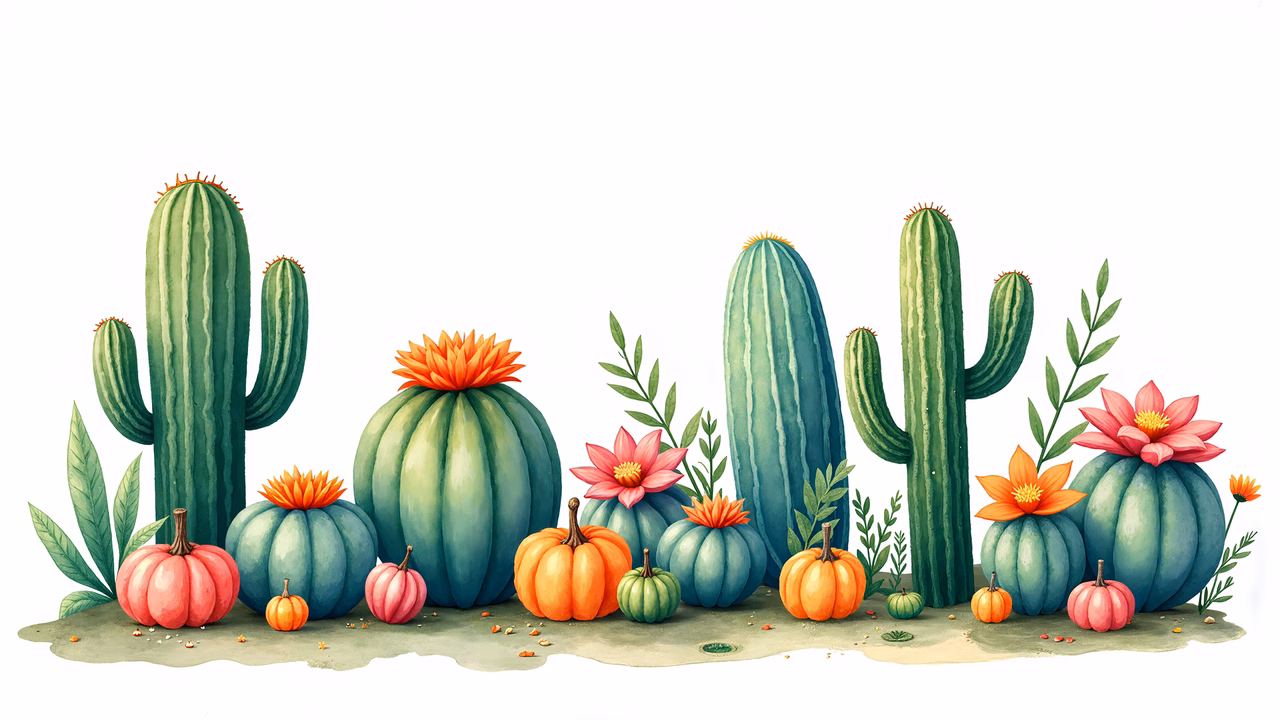 Whimsical cactus garden with colorful flowers and pumpkins, perfect for nature enthusiasts and autumn lovers.