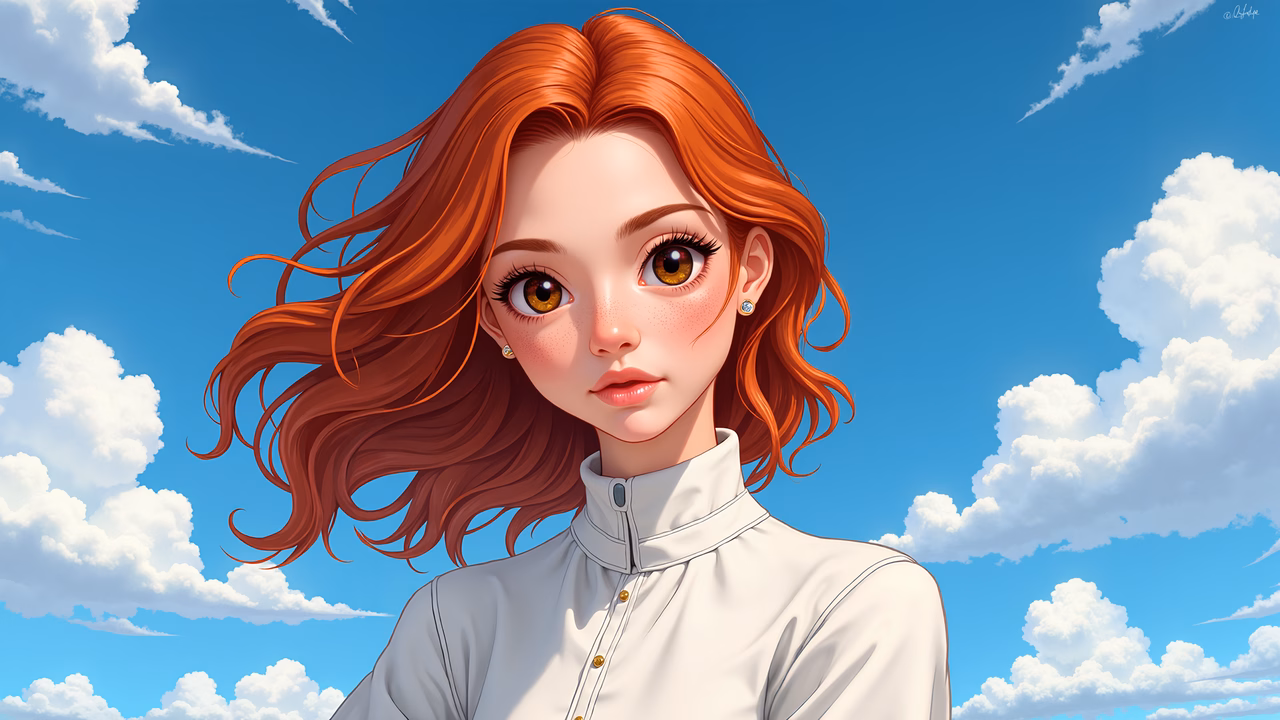 Cartoon girl with red hair, bright blue sky, fluffy clouds, joyful atmosphere
