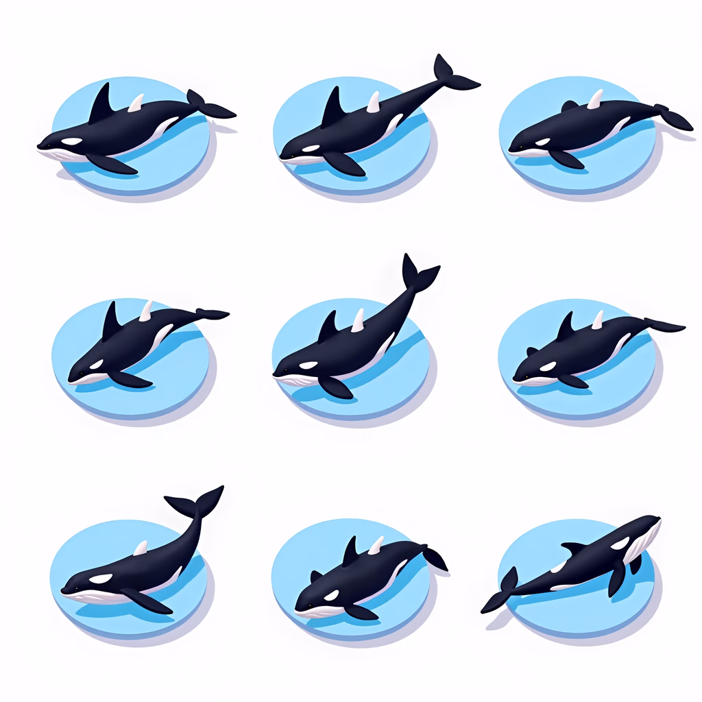 Cartoon-style orca whales in playful poses, perfect for marine life illustrations.