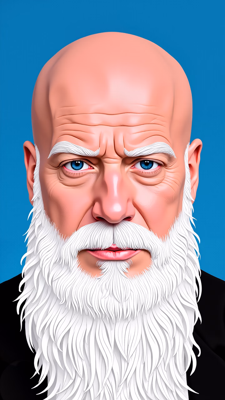 Detailed cartoon portrait with striking blue eyes and a long white beard against a vibrant blue background.