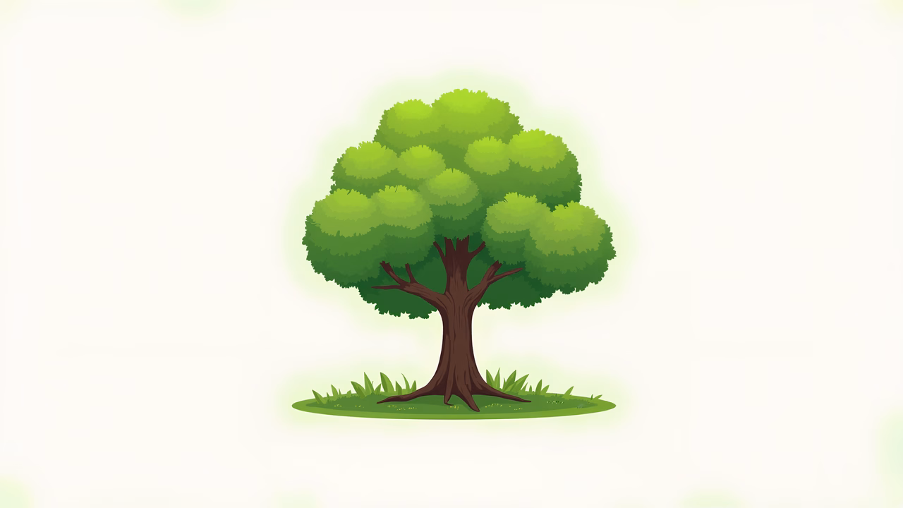 A serene cartoon tree with lush greenery and soft pastels.