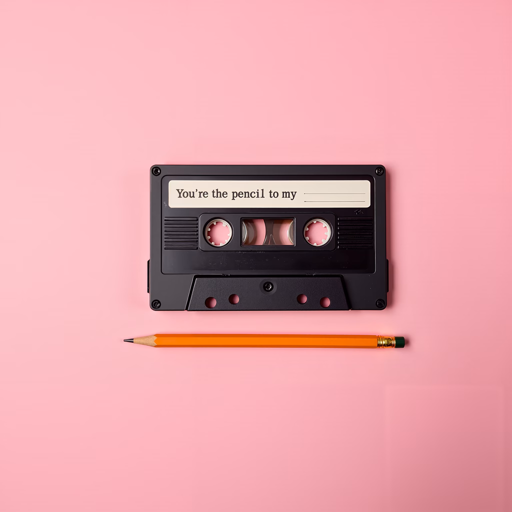 Minimalist cassette tape and pencil on a pink background, evoking nostalgia and creativity.