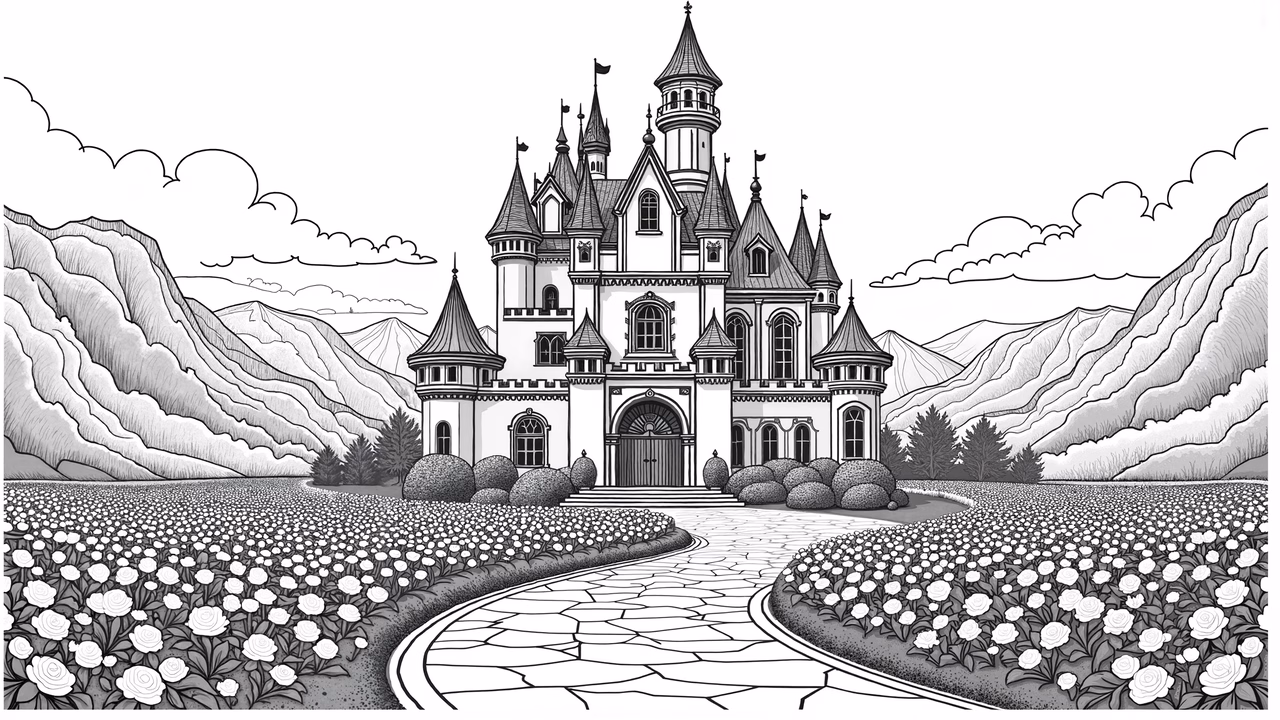Majestic black-and-white castle illustration with lush gardens and mountains.