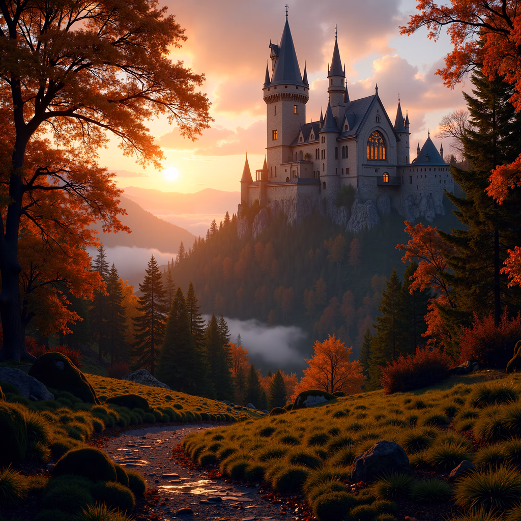 A serene autumn landscape featuring a castle and vibrant foliage under a setting sun.