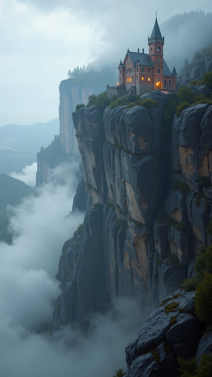 Mystical castle on a cliff, surrounded by mist and soft light.