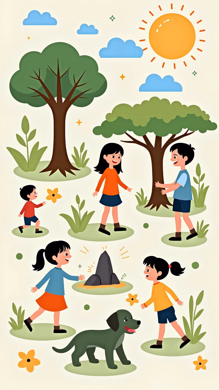 Brightly colored children playing outdoors on a sunny day.