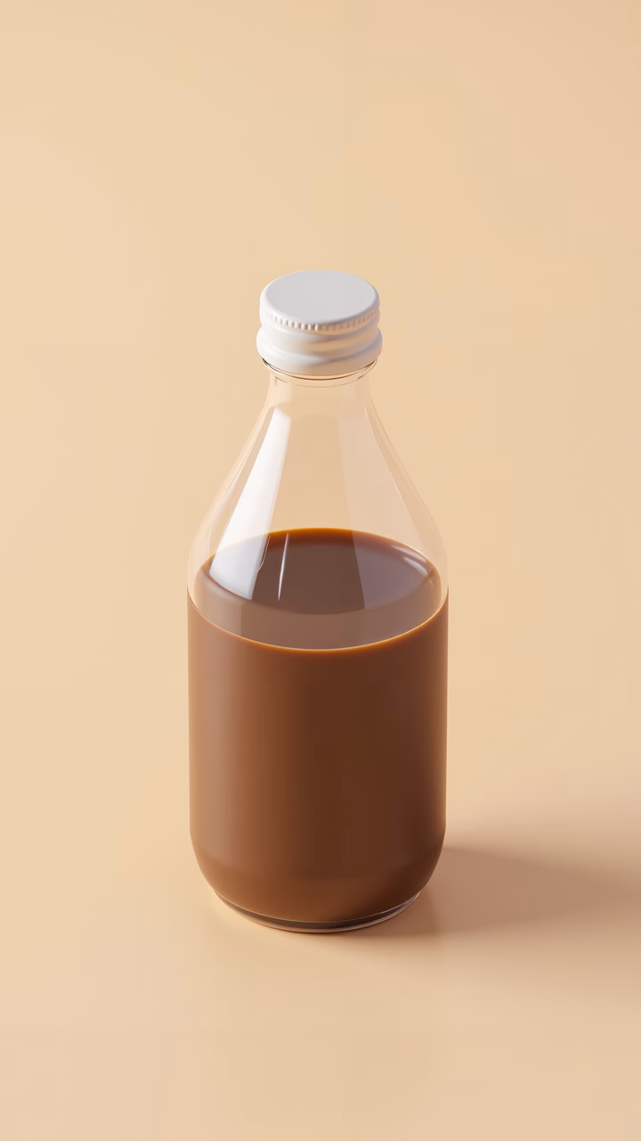 Close-up of a chocolate milk bottle on a neutral background.
