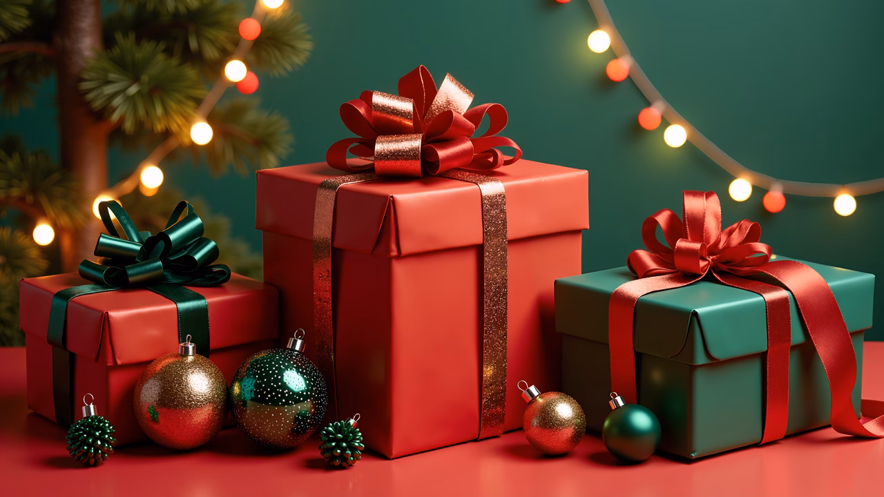 Vibrant Christmas presents with festive decorations and twinkling lights.