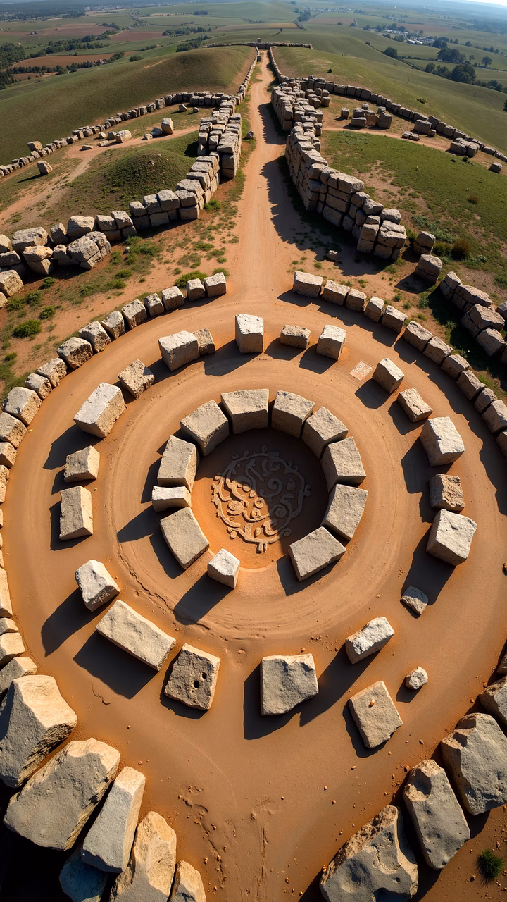 Aerial view of a circular stone pathway amidst rolling hills, showcasing harmony between nature and architecture.