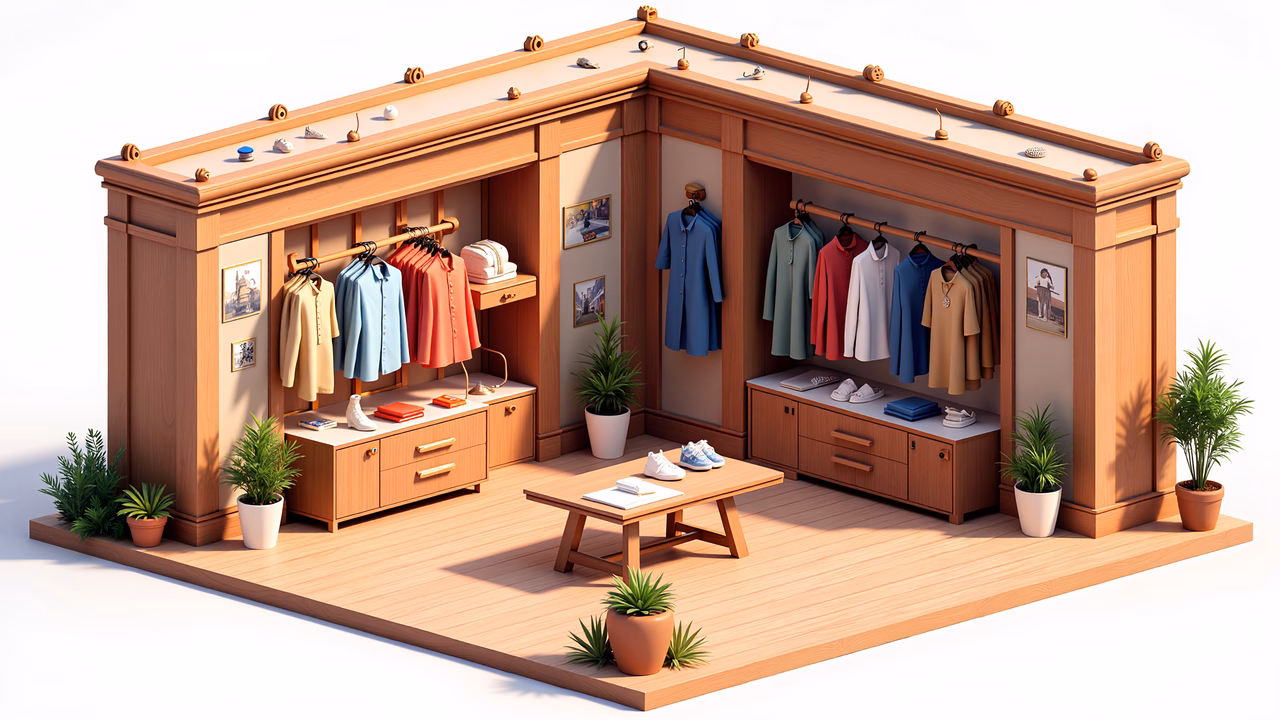 A stylish and organized clothing closet with warm colors and modern design.