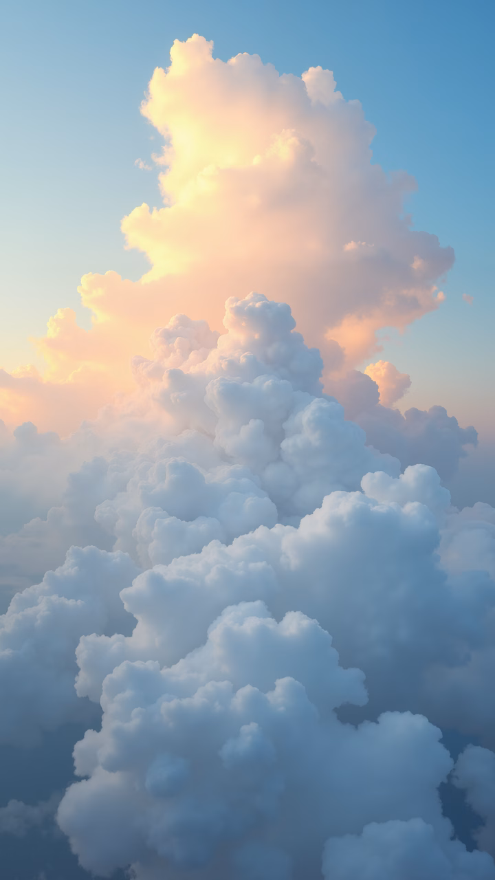 A peaceful cloudscape with soft pastel colors and a tranquil atmosphere.