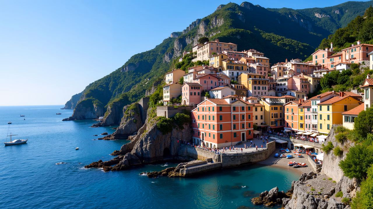 A charming coastal village with colorful houses and turquoise waters under a clear blue sky.