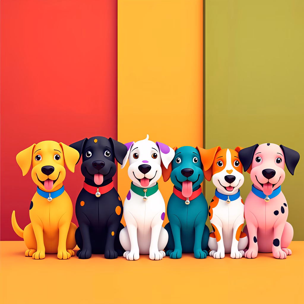 Brightly colored cartoon dogs sitting together in a cheerful illustration.
