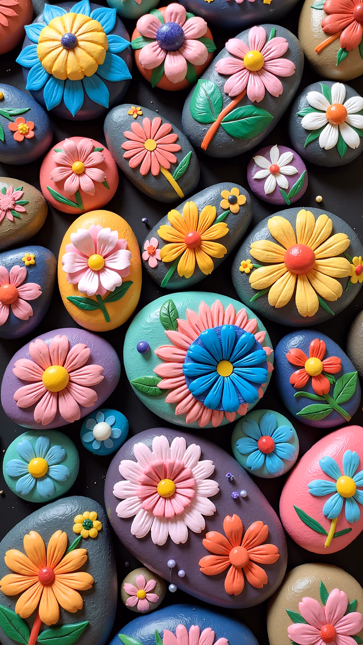 Brightly colored clay flowers on a dark background, showcasing detailed craftsmanship.