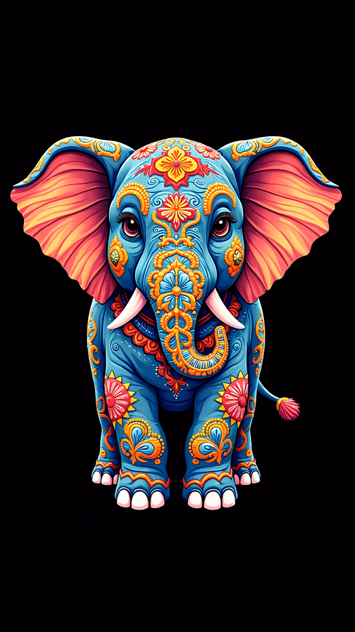 Vibrant, colorful elephant illustration with intricate patterns on a black background.
