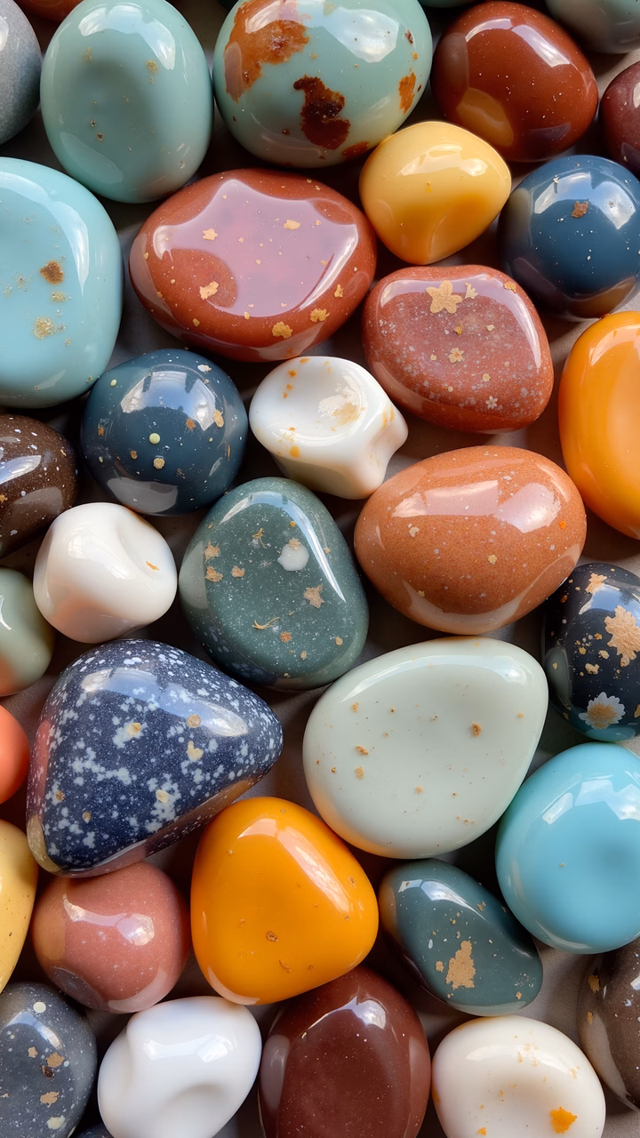 A detailed illustration of colorful gemstones with diverse hues and textures.