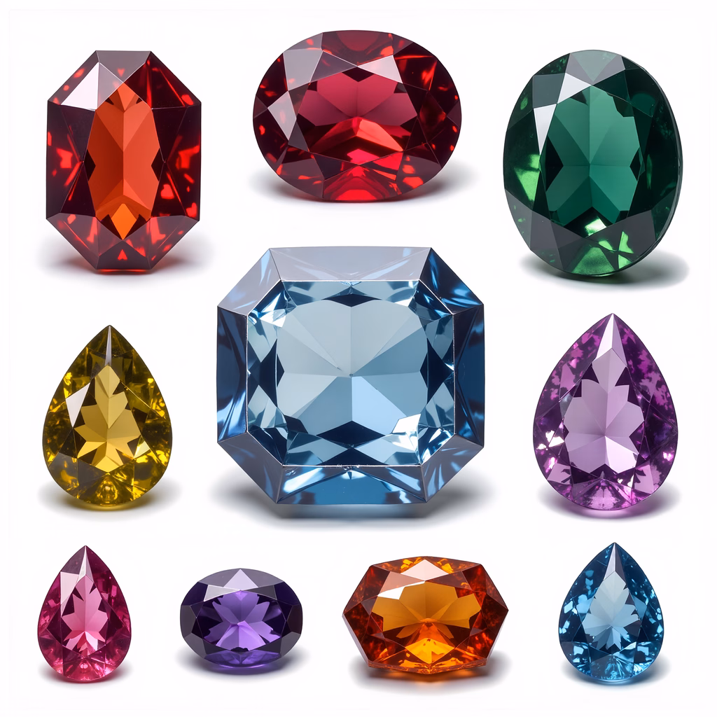 A collection of colorful gemstones with intricate cuts and reflections.