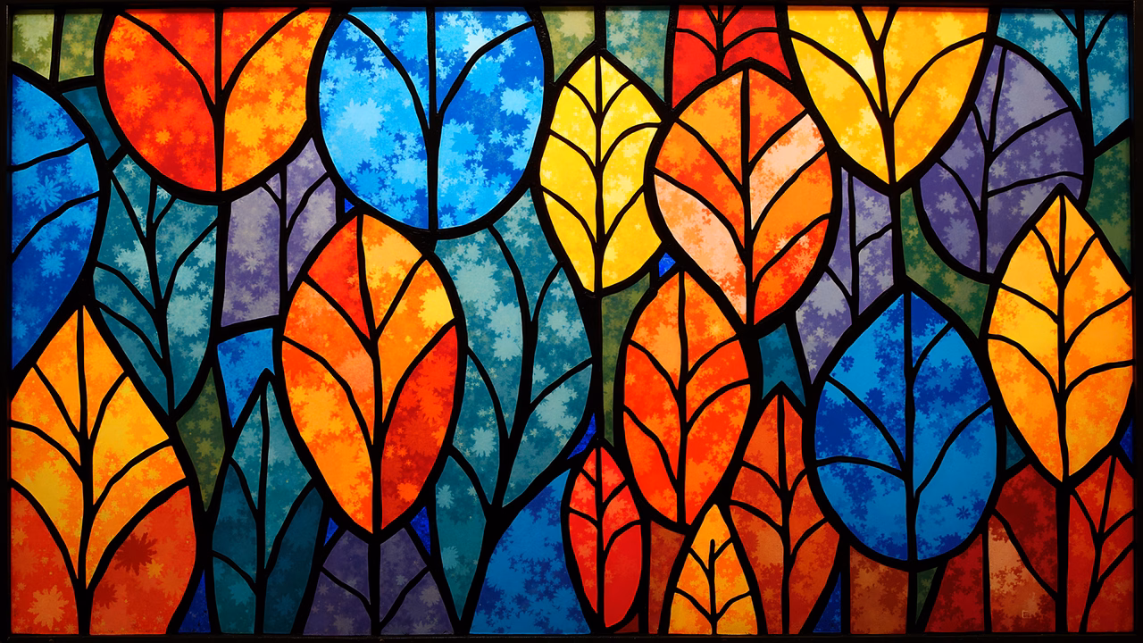 Vibrant stained glass-style illustration of colorful leaves.